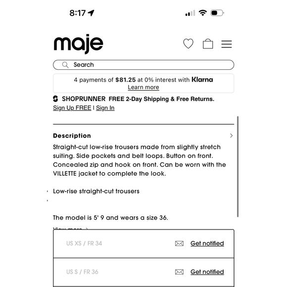 Maje Sage Green Straight Cup Tailored Trouser Pants Size 36 or Small - Picture 10 of 10